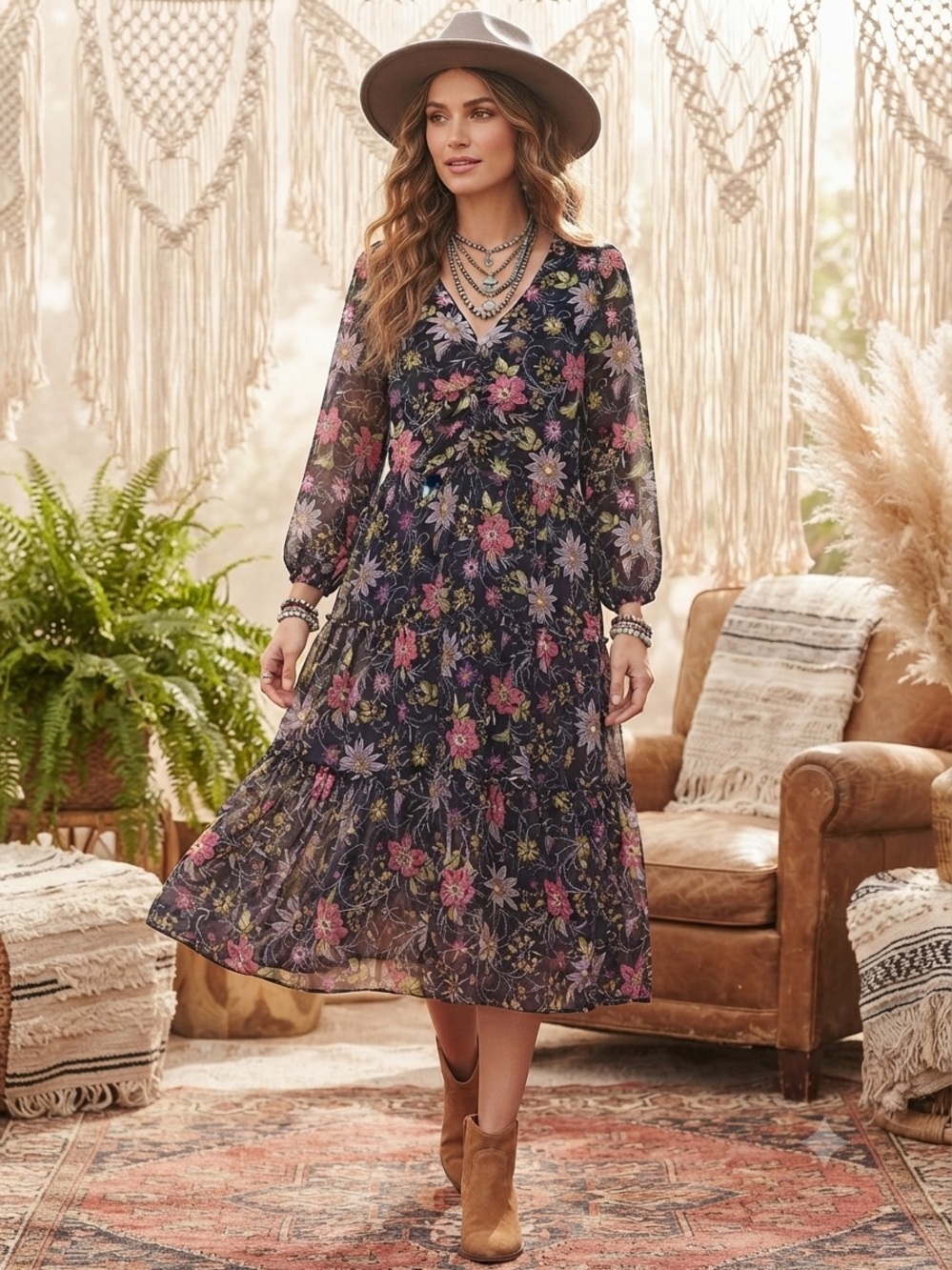 Susan Graver Black Floral Long Sleeve V-Neck Tiered Midi Dress